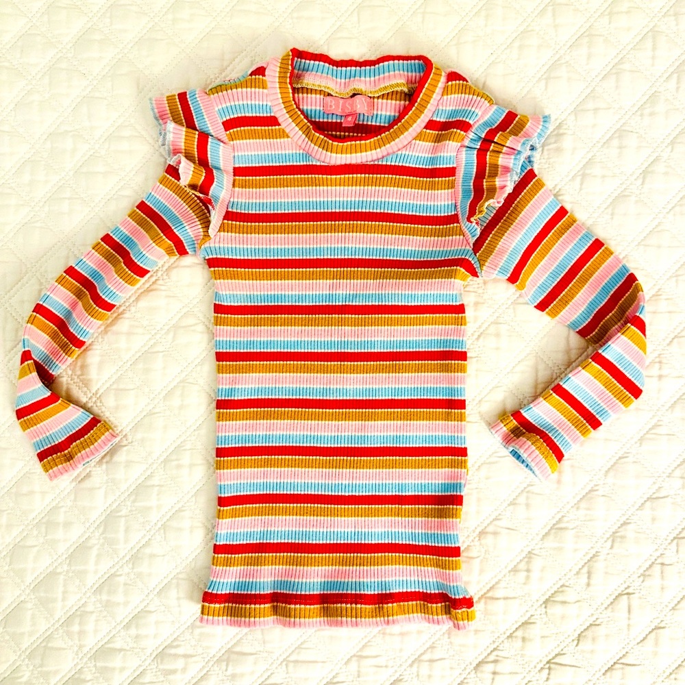 BISBY - Colorful Striped Sadie Top, Long-Sleeve with Ruffles, Girls Size 4